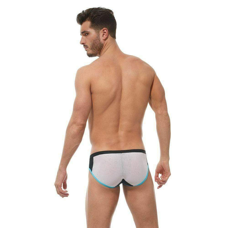 Gregg Homme Brief Challenger Sporty Slips Mesh Panels White/Aqua 170503 62 - SexyMenUnderwear.com