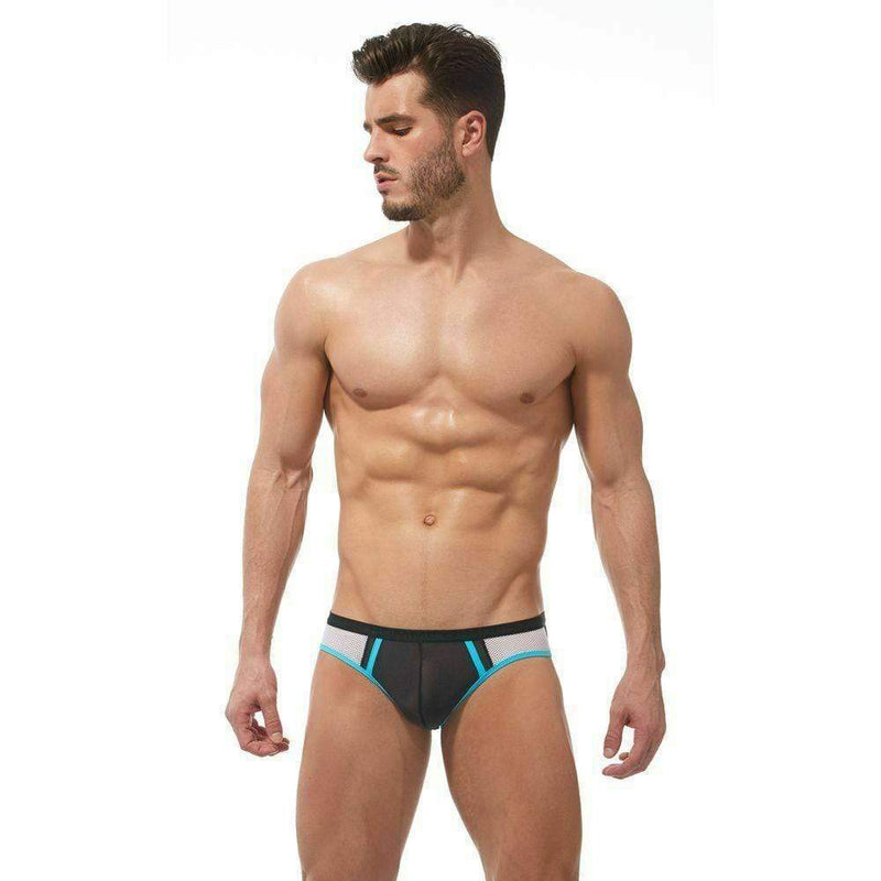 Gregg Homme Brief Challenger Sporty Slips Mesh Panels White/Aqua 170503 62 - SexyMenUnderwear.com