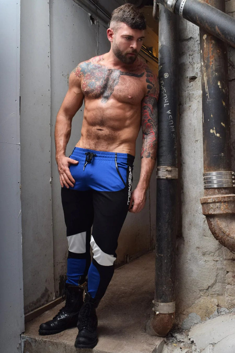 LARGE BREEDWELL Track Pants Moto Chaps With Interior Side Leg Zippers Blue Legging 36 - SexyMenUnderwear.com