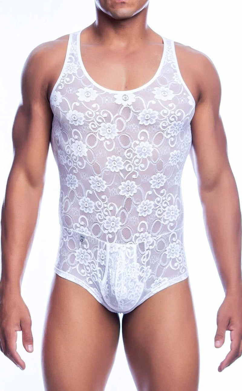 Malebasics Mob Singlet Lace Mens Bodysuit Dentelle Lace White MBL17 2 - SexyMenUnderwear.com