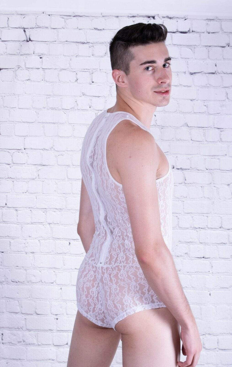 Malebasics Mob Singlet Lace Mens Bodysuit Dentelle Lace White MBL17 2 - SexyMenUnderwear.com