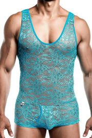 Malebasics Mob Singlet Lace Mens Sexy Bodysuit Dentelle Turquoise MBL17 2 - SexyMenUnderwear.com
