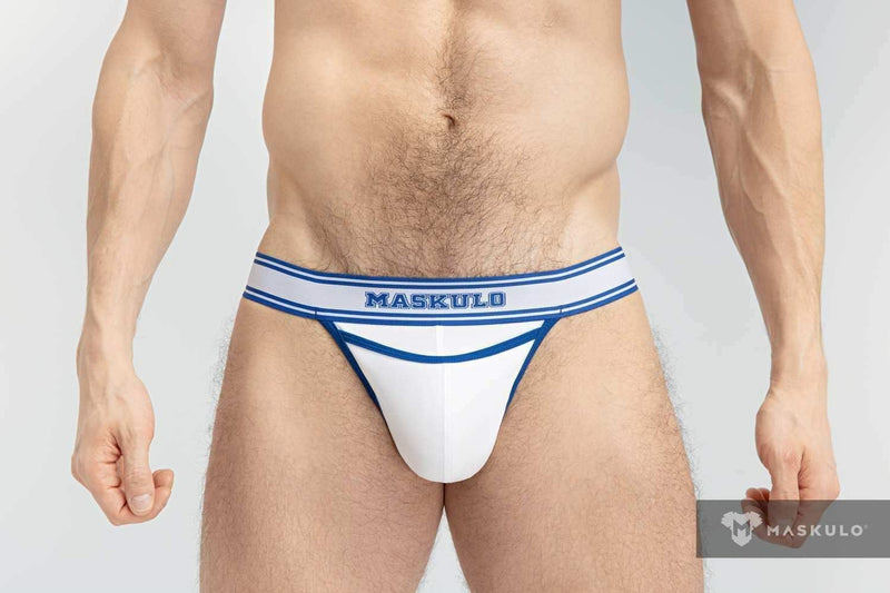MASKULO College Cotton Jockstraps Two Pockets Codpiece White&Royal JS161-64 28 - SexyMenUnderwear.com