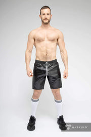 MASKULO Leatherette Soccer Short SKULLA Black & White Football Shorts SH073-80 35 - SexyMenUnderwear.com