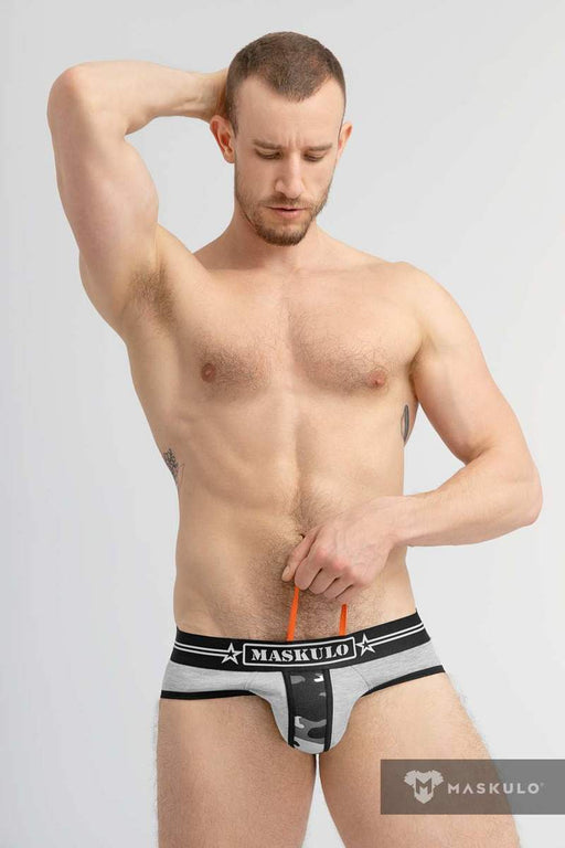 MASKULO Military Brief With Inner Lifter Strap C-Ring Removable Gray BR163-93 30 - SexyMenUnderwear.com