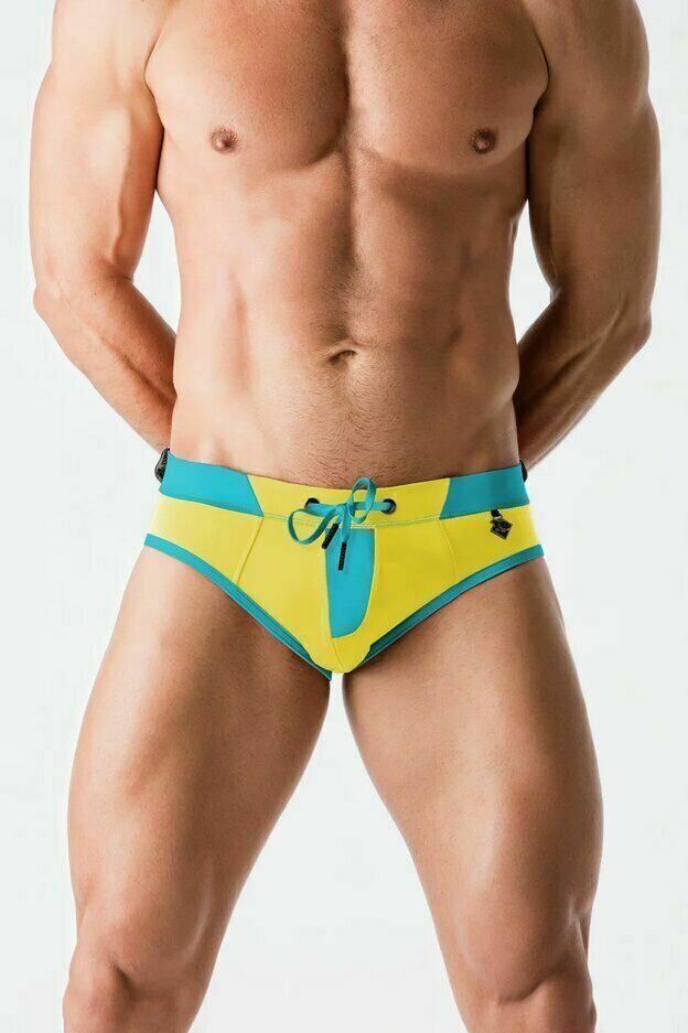 MASKULO Swim-Brief BeGuard Adjustable Swimwear SHARK Glow Yellow SW0806-31 32 - SexyMenUnderwear.com