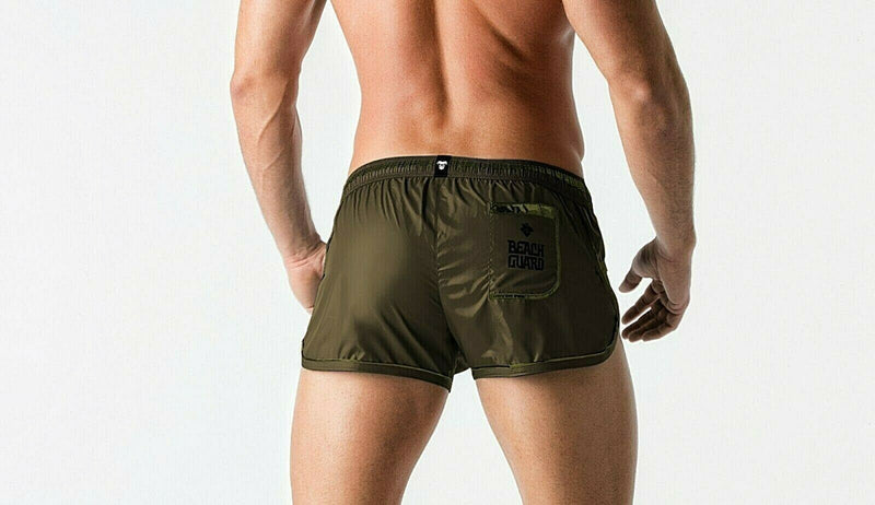 MASKULO Swim-Short BeGuard 3-Pockets Swimwear Foil Piping Olive SW0801-92 33 - SexyMenUnderwear.com