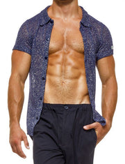 Modus Vivendi Knight Shirt Tight Fit Knitted Cotton Metallic Yarns Blue 05241 64 - SexyMenUnderwear.com