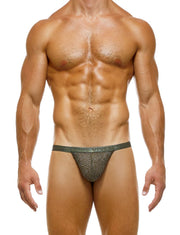 Modus Vivendi Knight Tanga Brief Knitted Cotton Shiny Lurex Yarns Khaki 05215 41 - SexyMenUnderwear.com