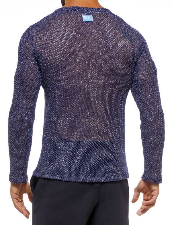 Modus Vivendi Knight V-Neck T Shirt Longsleeves Shiny Blue Lurex 05251 64 - SexyMenUnderwear.com