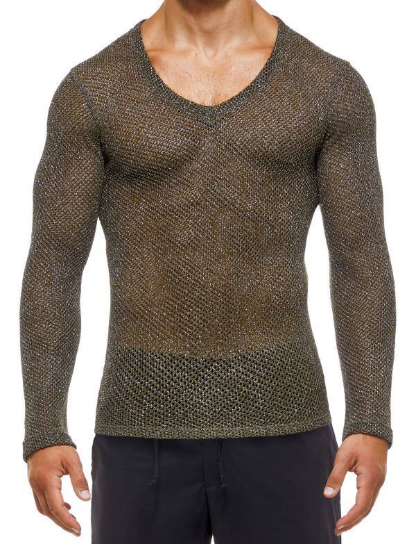 Modus Vivendi Knight V-Neck T Shirt Longsleeves Shiny Lurex Khaki 05251 64 - SexyMenUnderwear.com