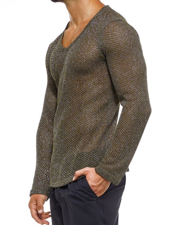 Modus Vivendi Knight V-Neck T Shirt Longsleeves Shiny Lurex Khaki 05251 64 - SexyMenUnderwear.com