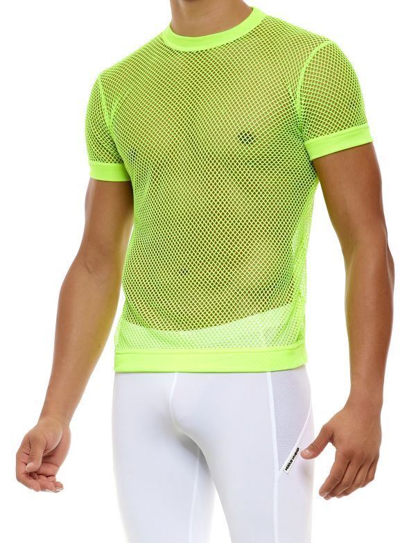 Modus Vivendi Mesh T-Shirt C-Through Muscle Fit Neon Yellow Shirt 08033 - SexyMenUnderwear.com