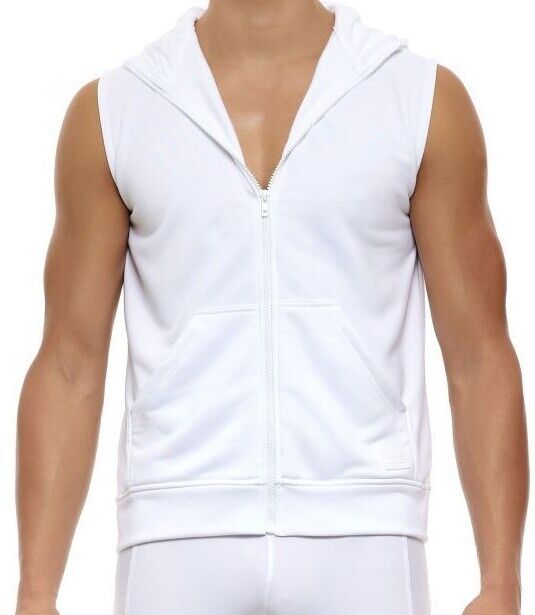 MODUS VIVENDI Sleeveless Hoodie Diagonal Poly Tricot Tank Jacket White 10351 81 - SexyMenUnderwear.com