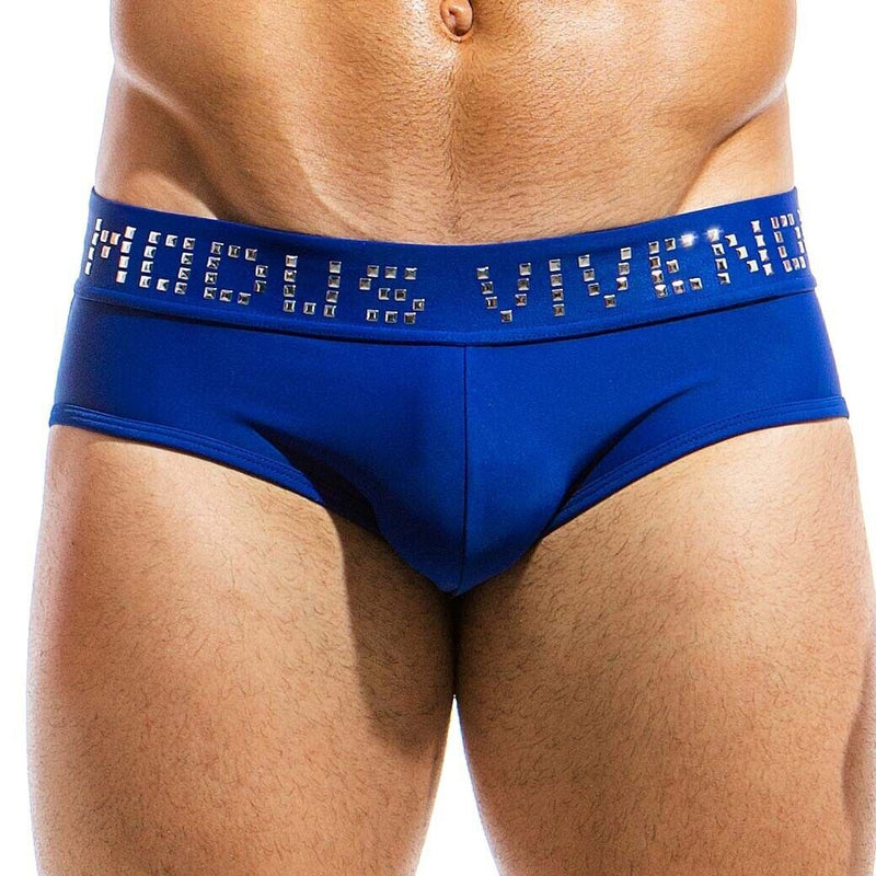 Modus Vivendi Swim-Briefs With Shiny Metallic Cubic Waistband Blue BS1811 2A - SexyMenUnderwear.com