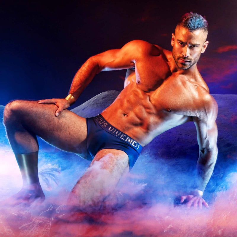 Modus Vivendi Swim-Briefs With Shiny Metallic Cubic Waistband Blue BS1811 2A - SexyMenUnderwear.com