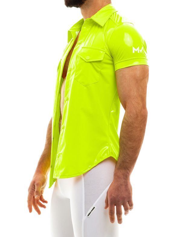 MODUS VIVENDI Vinyl Shirt Functional Press Stud Buttons Yellow Neon 08041 - SexyMenUnderwear.com