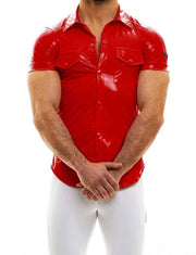 Modus Vivendi Viral Vinyl Shirt Press Stud Buttons Tight Fit Shirts Red 08041 - SexyMenUnderwear.com