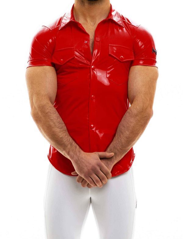 Modus Vivendi Viral Vinyl Shirt Press Stud Buttons Tight Fit Shirts Red 08041 - SexyMenUnderwear.com
