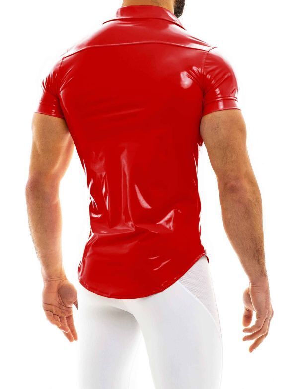 Modus Vivendi Viral Vinyl Shirt Press Stud Buttons Tight Fit Shirts Red 08041 - SexyMenUnderwear.com