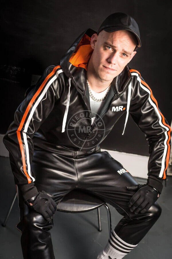 MR. RIEGILLIO Low-Waist Vegan Leather Tracksuit Pants Drawstring Orange Stripes - SexyMenUnderwear.com