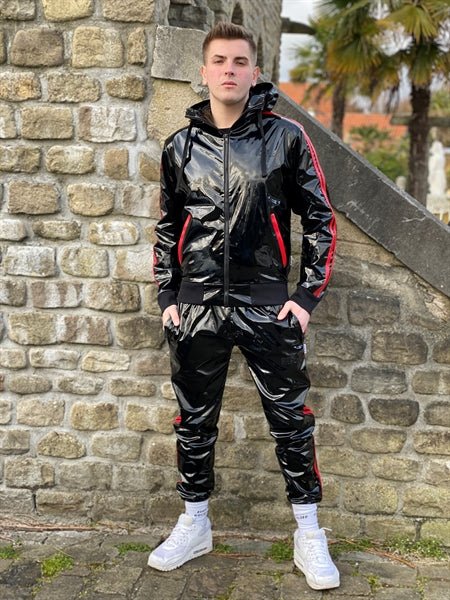 MR. RIEGILLIO PVC Tracksuit Jacket hoodies Drawstring Glossy Black & Red Stripes - SexyMenUnderwear.com
