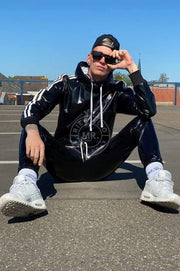 MR. RIEGILLIO PVC Tracksuit Jacket hoodies Glossy Shiny Black & White Stripes - SexyMenUnderwear.com