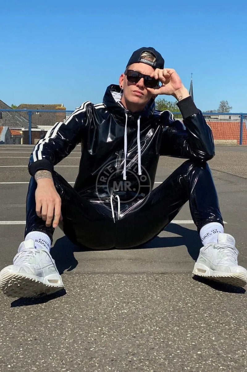 MR. RIEGILLIO PVC Tracksuit Jacket hoodies Glossy Shiny Black & White Stripes - SexyMenUnderwear.com