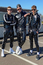 MR. RIEGILLIO PVC Tracksuit Jacket hoodies Glossy Shiny Black & White Stripes - SexyMenUnderwear.com