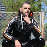 MR. RIEGILLIO Vegan Leather Tracksuit Jacket hoodies Black & Orange Stripes - SexyMenUnderwear.com