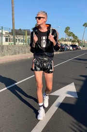 MR. RIEGILLIO Vegan Leather Tracksuit Jacket hoodies Black & Orange Stripes - SexyMenUnderwear.com