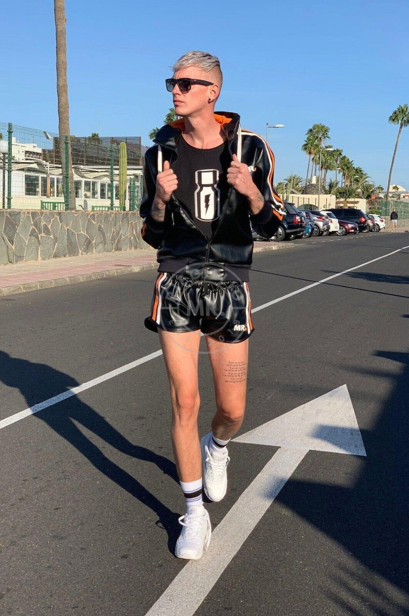 MR. RIEGILLIO Vegan Leather Tracksuit Jacket hoodies Black & Orange Stripes - SexyMenUnderwear.com