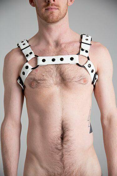 SexyMenUnderwear.com SMU Hand made Harness Bulldog White Full Leather Black Buckle And Snaps