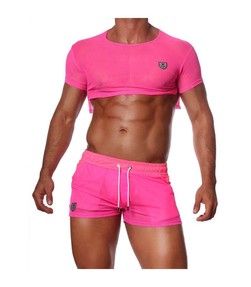 SexyMenUnderwear.com TOF PARIS Crop Top Very Soft Round Collared Shirt Neon Pink 47