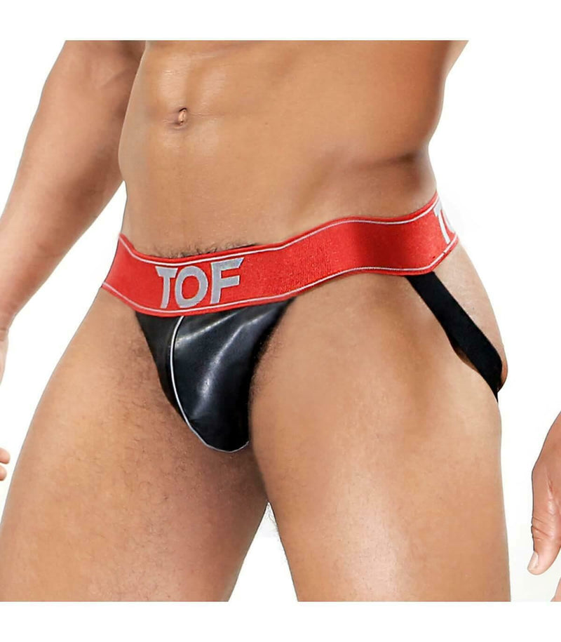 SexyMenUnderwear.com TOF PARIS Jockstrap Fetish Sexy Elastic Jock Bands Leather Look Black & Red 23