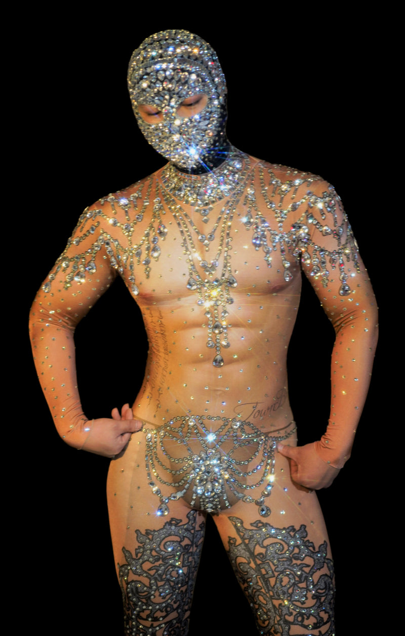 SMU Men Luxurious rhinestones stretchy body suit with hood S/M 3103 2
