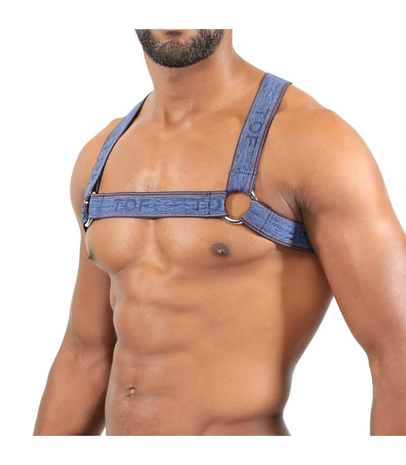 TOF PARIS Elastic Harness Jaquard H and X Form For a Manly Style Blue Jeans