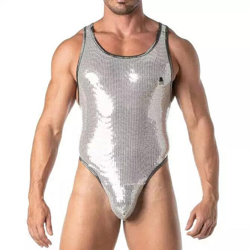TOF PARIS Glitter Thong Bodysuit With Lurex Edges Singlet Shiny Silver 202