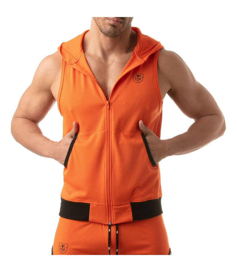 TOF PARIS Mesh Sleeveless Hoodie Jacket Light Tank 2-Deep Pockets Orange 6