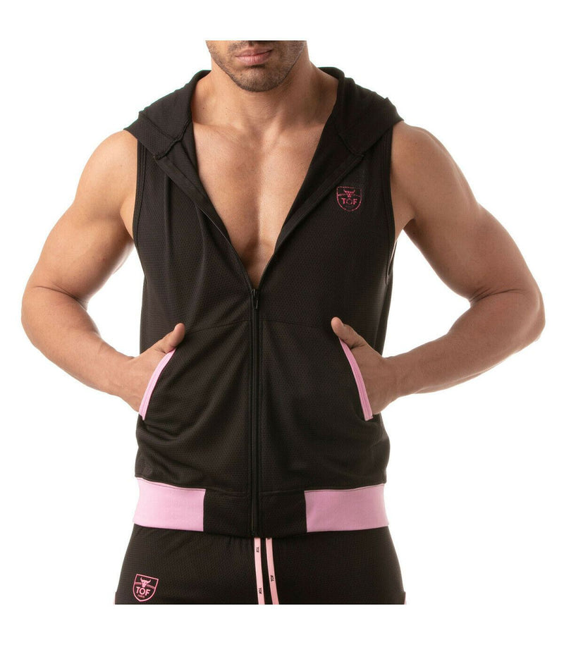 TOF PARIS Mesh Sleeveless Hoodie Light Vest Jacket Tank 2Deep Pockets Black 6