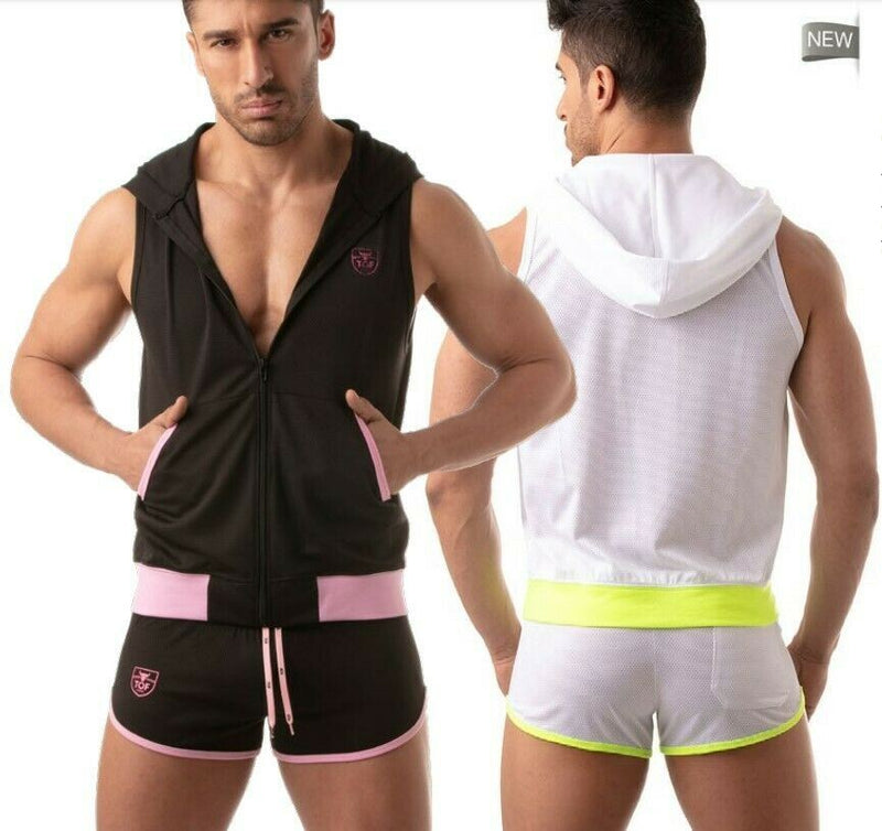 TOF PARIS Mesh Sleeveless Hoodie Light Vest Jacket Tank 2Deep Pockets White 6