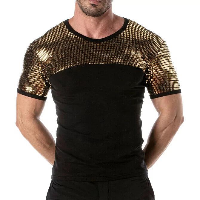 TOF PARIS Shirt Sequins Glitter T-Shirt Fashion Black & Gold 491