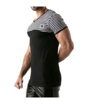 ''TOF PARIS'' T-Shirt Half-Striped Cotton Jersay Casual Modern Style Black 22 - SexyMenUnderwear.com