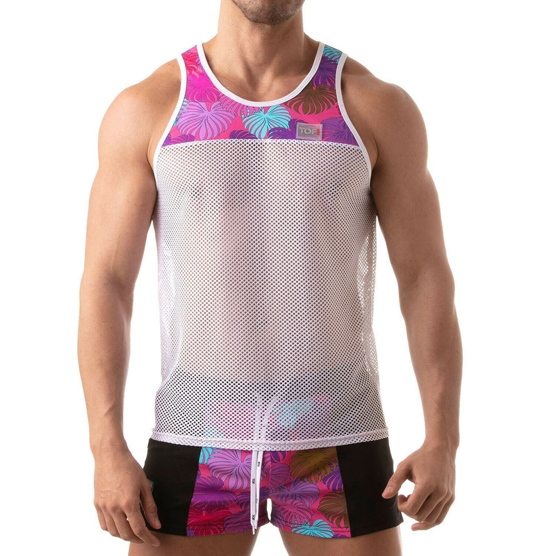 TOF PARIS Tank Floral Mesh Tank Top Open Bi-Material PINK 68