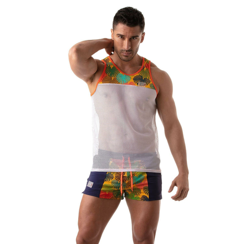 TOF PARIS Tank Floral Mesh Tank Top Open Bi-Material Yellow